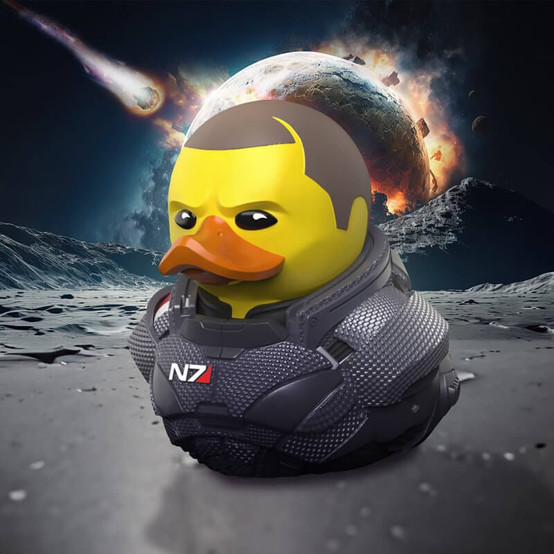 A rubber ducky collectable figure based on Commander Shepard from Mass Effect in his signature N7 armor as seen in Mass Effect 3