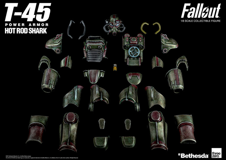 T-45 Hot Rod Shark Power Armor variant from Fallout 4, in a weathered dark green and dark red color scheme, with eyes and an open mouth full of sharp teeth painted across the front chest plate