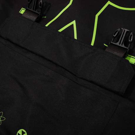 Black tactical bomber with a strap pouch in the back and various zippered compartments on the sleeves and front. Fallout text logo in bright green over the left chest on the front, Vault Boy VATS from Fallout is printed on the back in bright green, embroidered Vault Boy head patch in bright green on the left sleeve, and embroidered Vault-Tec patch on the right sleeve