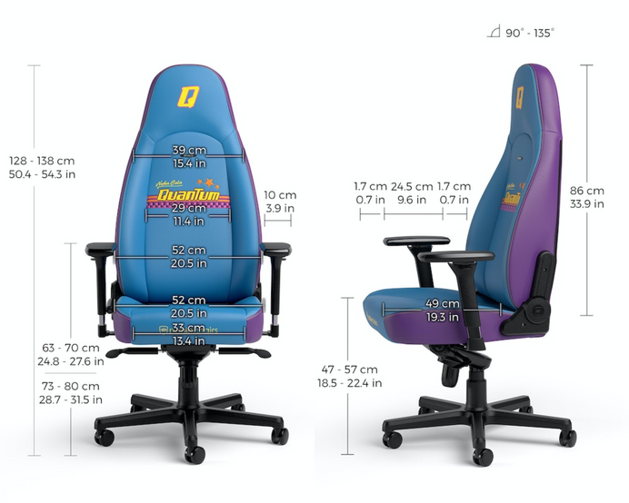 Nuka-Cola Quantum from Fallout themed gaming chair, presented in a blue and purple color scheme and embroidery detail on the front and back