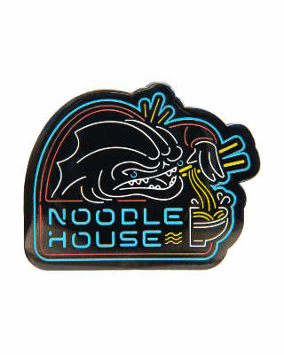 A Noodle House from Mass Effect enamel pin design, done in a neon sign style line art showing a Krogan enjoying a bowl of noodles