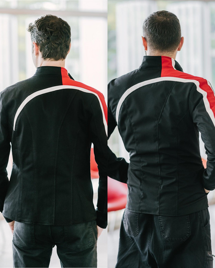 Side by side comparison collages of the Defender and Spectre N7 Special Ops jackets by Volante Designs. Defender on the left which is made of a heavyweight denim fabric, and Spectre on the right which is made of a water poof tech fabric