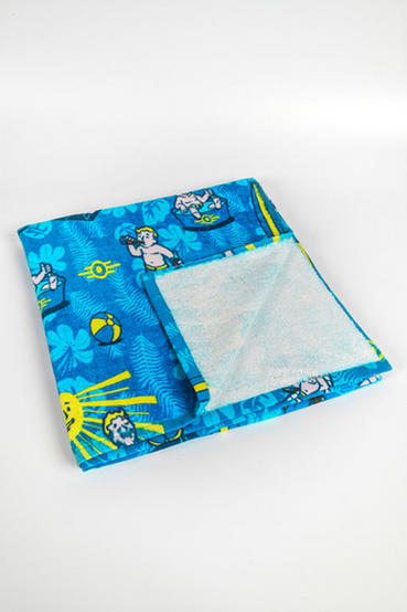 A Vault Boy from Fallout themed beach towel, featuring a repeating Vault Boy perks pattern in the foreground and teal tropical leaves on a blue in the background