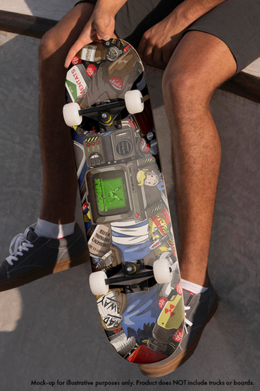 Skate deck featuring a collage of Wastelander's essentials in the Fallout series: the sleeve of a Vault-Tec jumpsuit with Pip-Boy attached surrounded by various Wasteland essentials such as a Vault Boy bobblehead, Nuka-Cola bottlecaps, Holotape, etc.! The skate deck also has a blue top veneer, with a Mellow Concave Shape