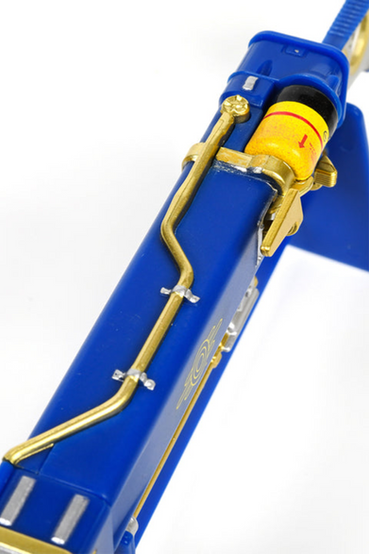 AER9 Laser Rifle from the Fallout series scale replica in a blue and yellow Vault-Tec color scheme with gold and silver accents, placed on top of a matching display stand