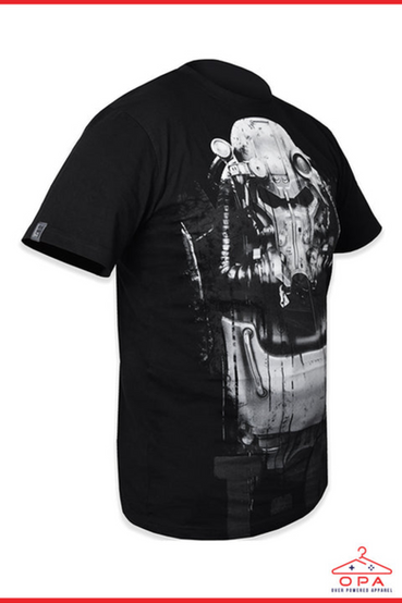 A large print graphic of the T-60 Power Armor from Fallout printed on a black t-shirt, as part of Bethesda Gear's Over Powered Apparel line