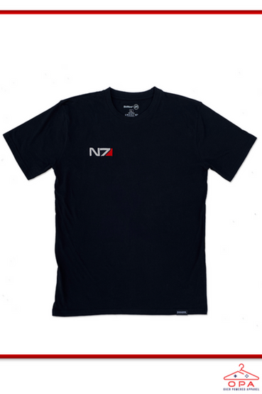 N7 from Mass Effect logo, 3D embroidered onto an all black t-shirt over the front right chest