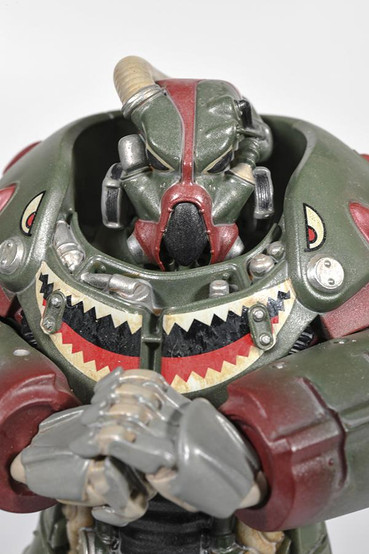 Collectible resin statue of an X-01 Power Armor from Fallout with the Hot Rod Shark paint variant