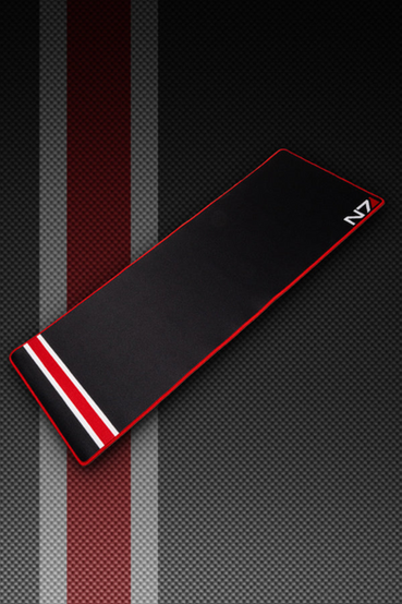 N7 from Mass Effect themed oversized mouse pad or desk mat in all black with the signature white/red stripe running along the left side, and the N7 insignia on the bottom right corner