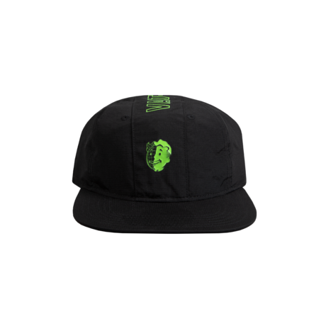 Black, multi-panel hat with a Vault Boy from Fallout face printed in bright green on the front, and Vault-Tec text logo printed in bright green on the side