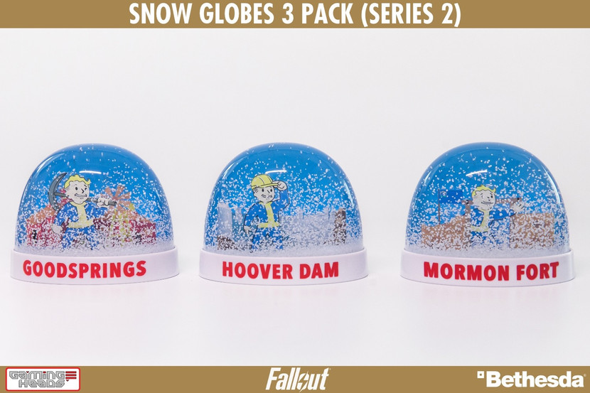A set of 3 collectible plastic snow globes featuring Vault boy from Fallout, and based on in-game locations Goodsprings, Hoover Dam, and Mormon Fort as seen in Fallout: New Vegas