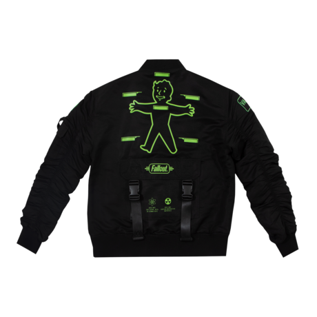 Black tactical bomber with a strap pouch in the back and various zippered compartments on the sleeves and front. Fallout text logo in bright green over the left chest on the front, Vault Boy VATS from Fallout is printed on the back in bright green, embroidered Vault Boy head patch in bright green on the left sleeve, and embroidered Vault-Tec patch on the right sleeve