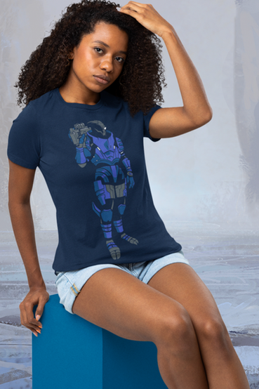 A simple, silhouette design of Garrus Vakarian from Mass Effect wearing his default armor and his trusty sniper rifle slung over his shoulder, printed on a navy blue t-shirt