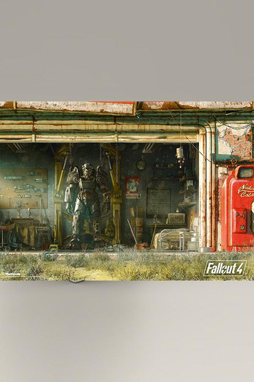 Outer packaging or box of a 1,000 piece Fallout 4 puzzle based on the Garage scene, featuring a Power Armor, Nuka-Cola vending machine, and general home base set up inside of a Red Rocket garage