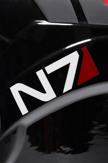 Ceramic planter modeled after Commander Shepard's helmet from Mass Effect, with hand-painted blue visor detail, blue and red accents, and the N7 insignia on the left side