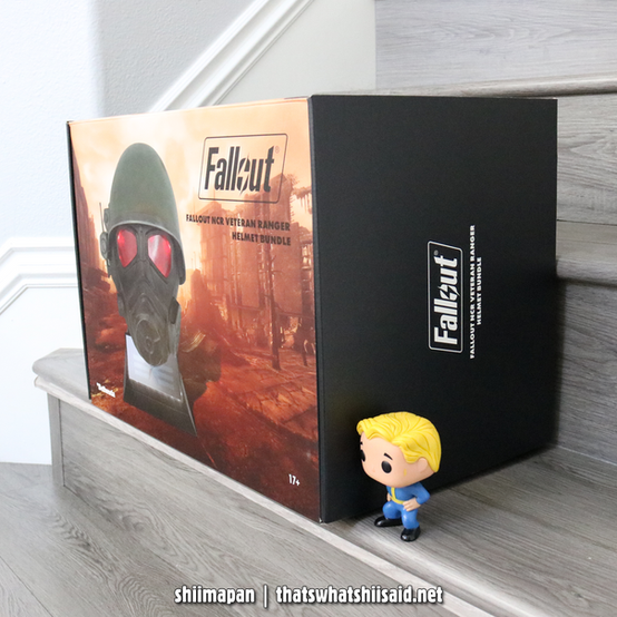 NCR Veteran Ranger Helmet Bundle by Bethesda Gear Store, the outer box and packaging. Shown with a Vault Boy Funko Pop! figure for scale