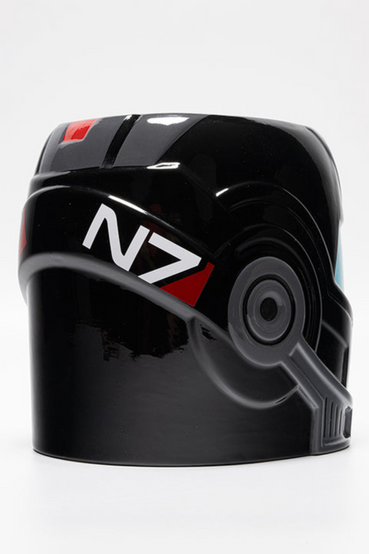 Ceramic planter modeled after Commander Shepard's helmet from Mass Effect, with hand-painted blue visor detail, blue and red accents, and the N7 insignia on the left side