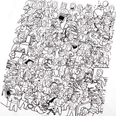 White long hem t-shirt with the Fallout text logo on the front, and Vault Boy perks collage printed on the back in black