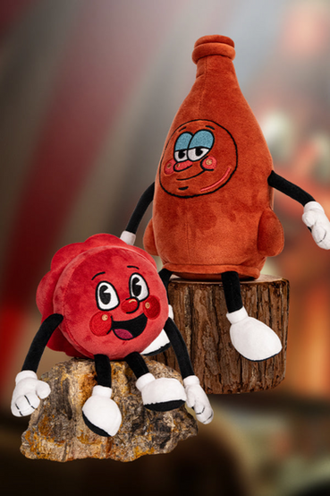 Plush set based on the Nuka-World from Fallout 4 mascots, Bottle and Cappy