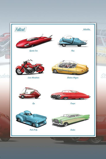 poster art showing 8 signature vehicles from the Fallout series