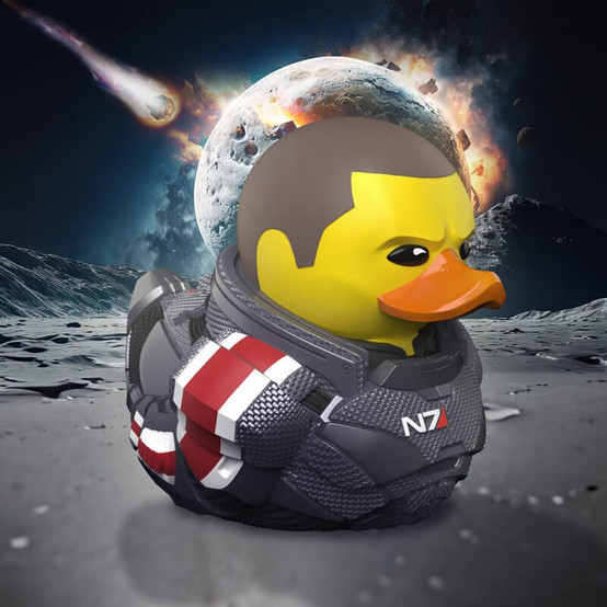 A rubber ducky collectable figure based on Commander Shepard from Mass Effect in his signature N7 armor as seen in Mass Effect 3