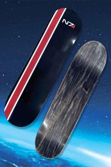 N7 from Mass Effect themed skate deck featuring the iconic N7 logo and white/red stripe with a black background on one side, and natural/dark grey wood grain finish on the other side