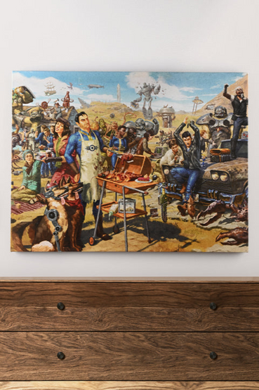 24" x 18" stretched canvas art featuring various characters spanning the entire Fallout series, with a focus on the Male Sole Survivor manning the barbeque grill with Piper Wright standing behind him, while Rex and Dogmeat are patiently sitting