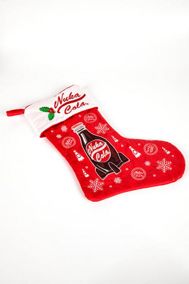 Nuka-Cola from Fallout embroidered Christmas stocking, featuring a large Nuka-Cola script logo and holly berry on top, and large rocket bottle on the main portion of the stocking
