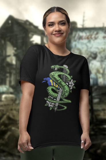 Tunnel Snakes from Fallout 3 t-shirt: the design features the iconic snake and matching catch phrase, Butch's Toothpick in the foreground, with a Vault 101 jumpsuit and gear door peeking in the background, printed on a black crew neck t-shirt