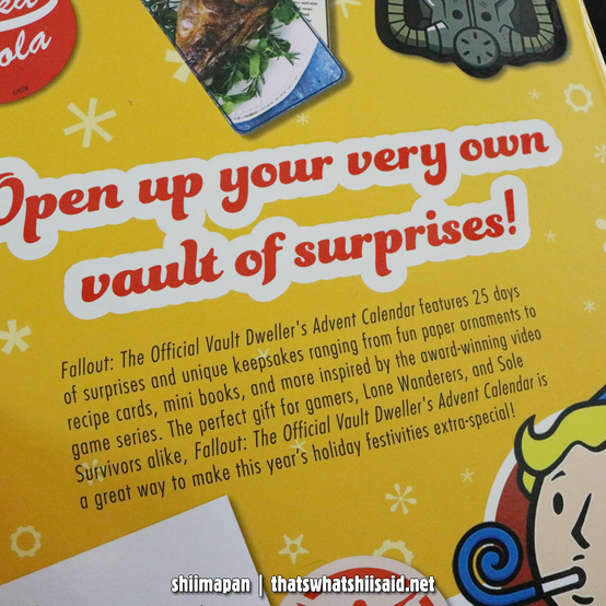 Fallout The Official Vault Dweller's Advent Calendar featuring Vault Boy wearing a Santa hat in the middle, with text on the bottom that says: 25 days of mementos, mini books, and more!