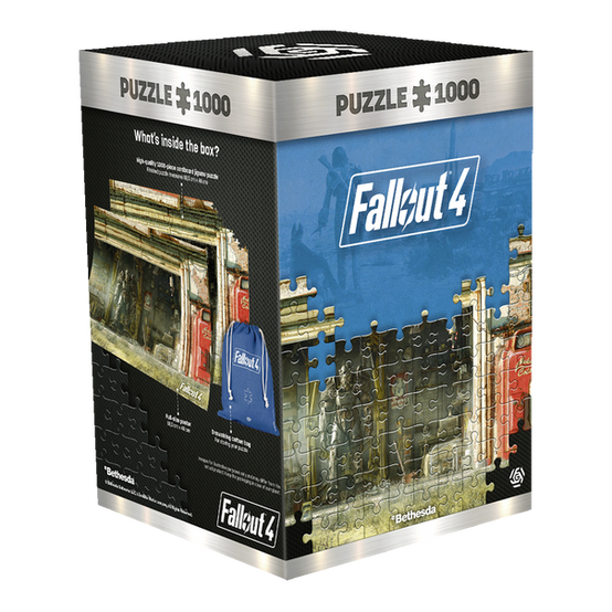 a puzzle box for a 1,000 piece puzzle using the garage scene from Fallout 4, showing a Power Armor Station 