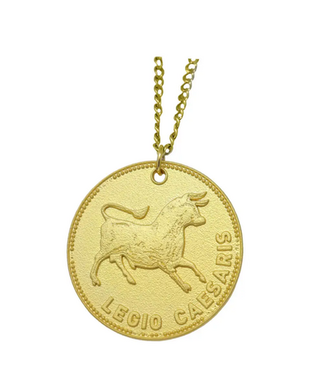 Caesar's Legion from Fallout: New Vegas collectible box set housing the following 24k gold or silver plated collectibles: Legion Aureus coin, Legion Denarius coin, Mark of Legion pendant necklace, and Caesar's gold wreath brooch