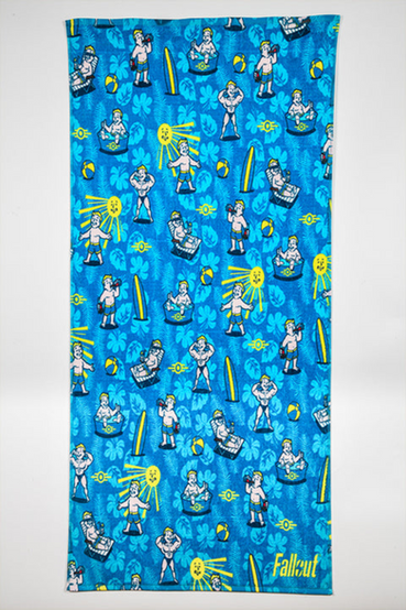 A Vault Boy from Fallout themed beach towel, featuring a repeating Vault Boy perks pattern in the foreground and teal tropical leaves on a blue in the background