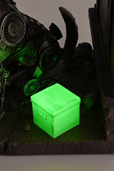 Polyresin statue of the Cyber-Hound Rex from Fallout: New Vegas. He's shown sitting inside of The King's School of Impersonation, with a matching poster up on the wall behind him, and surrounded by an ammo box, bullets, and an ammo clip that glow in the dark