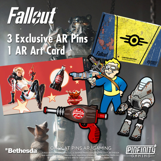 Fallout 3 piece AR enamel pin set and 1 piece AR art card by Pinfinity+ Gaming. The 3 piece enamel pin set includes: Science Master Vault Boy perk, Protectron, and Nuka-Cola Thirst Zapper gun, while the art card has Nuka girl doing a pinup pose with a Nuka-Cola bottle