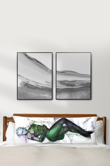 Double sided body pillow design for Liara T'Soni from Mass Effect: one side shows her scientist outfit from Mass Effect 1, while the other side shows her default outfit as seen in Mass Effect 3