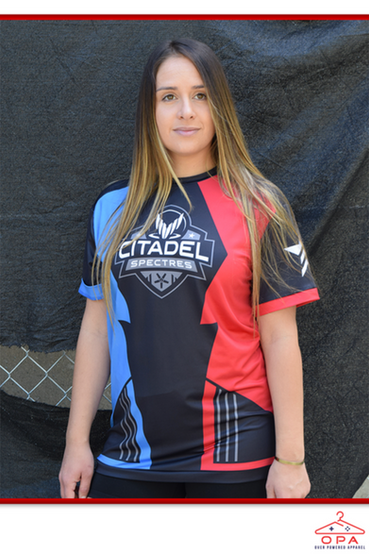 unisex short sleeve sports jersey with a Citadel Spectres from Mass Effect logo on the front, Shepard N7 on the back, red detail with a Renegade logo on the left side of the shirt, and blue detail with a Paragon logo on the right
