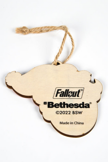 Vault Boy and Vault Girl from Fallout wooden ornament set where both characters are winking while wearing matching santa hats