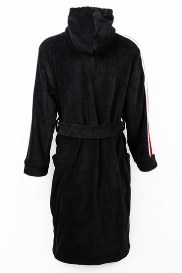 N7 from Mass Effect themed plush robe. Featuring a black exterior, red and black buffalo plaid interior with Spectre logo embroidery, the signature white/red N7 stripe on the right sleeve, and N7 insignia embroidered over the right chest. Matching red and black buffalo plaid slippers are also pictured