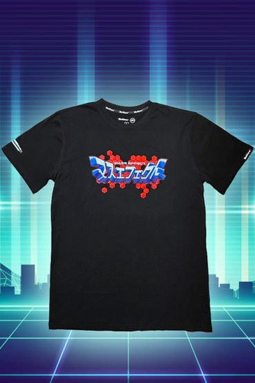 Japanese inspired Mass Effect graphic t-shirt design: there's a large print on the front chest that says Mass Effect in Japanese characters, hem clip tag on the  left sleeve, and small Mass Relay printed on the right sleeve