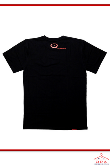 Black jersey cotton t-shirt with an embroidered Renegade symbol from Mass Effect on the left chest, and underneath that is text that says Renegade, both in red. On the bottom right of the shirt is a small Mass Effect label sewn onto the hemline, and on the back of the shirt is the Renegade interrupt text 'I've had enough...'