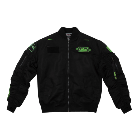 Black tactical bomber with a strap pouch in the back and various zippered compartments on the sleeves and front. Fallout text logo in bright green over the left chest on the front, Vault Boy VATS from Fallout is printed on the back in bright green, embroidered Vault Boy head patch in bright green on the left sleeve, and embroidered Vault-Tec patch on the right sleeve