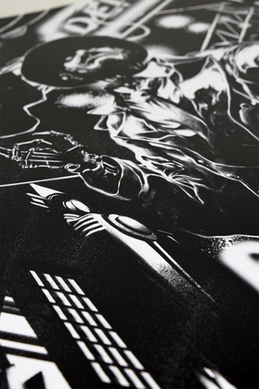 A lithograph of Nick Valentine from Fallout 4 done by artist David Baldéon. The black and white illustration is done from a low angle, Nick posed with his left hand inside his trenchcoat pocket and cigarette held in his right hand, as he looks up while surrounded by the light up signs in Goodneighbor