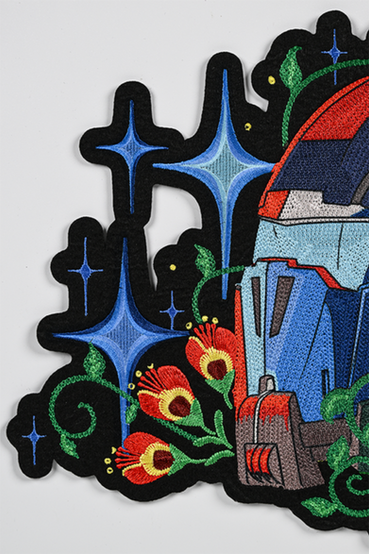 Oversized, chain stitched embroidered patch featuring the N7 breather helmet from Mass Effect, surrounded by colorful psychedelic stars and alien flora
