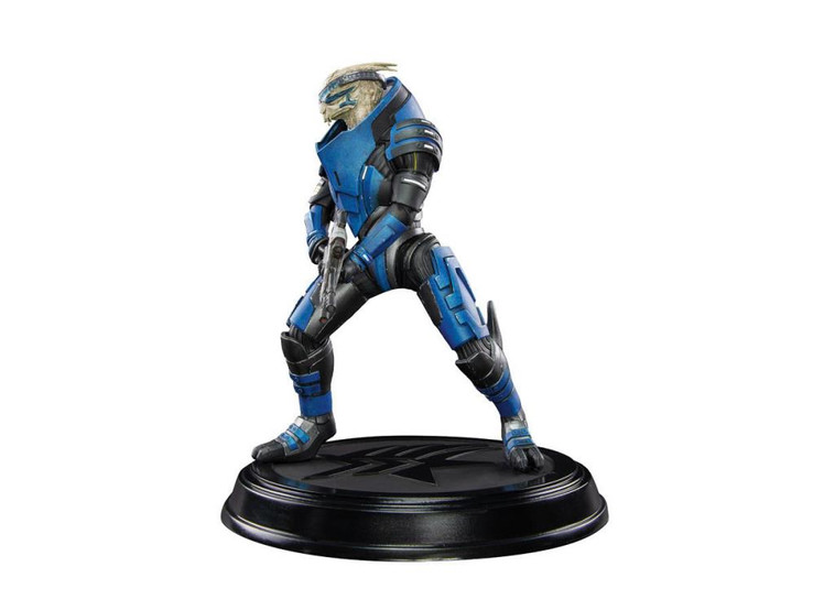 PVC figure of Garrus Vakarian from Mass Effect, sporting his Mass Effect 2 gear before you acquire him in your squad, trusty sniper rifle in hand, standing on top of a black base with the Paragrade (Paragon and Renegade morality symbols combined)