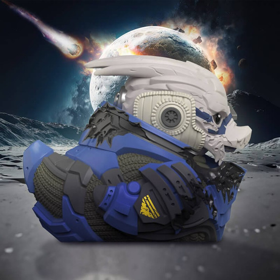 A rubber ducky collectable figure based on Garrus Vakarian from Mass Effect in his damaged Archangel armor as seen in Mass Effect 2