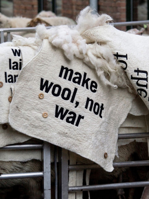pieces of wool felt with text on it that said make wool, not war created by Wool March