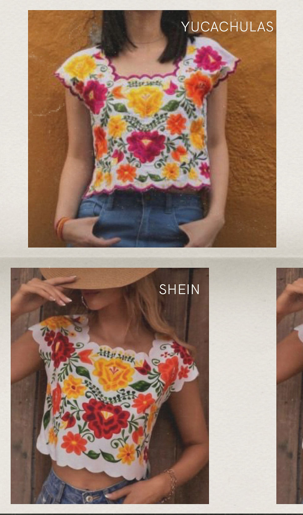 comparisons of a product from mexican designer yucachulas being copied by the ultra fast fashion brand shein shein being called out by the mexican government
