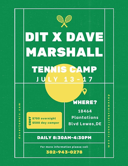 Gaby & Dave's tennis camp, held at Dave Marshall Tennis & Pickleball in Lewes, Delaware, July 13-17, 2026