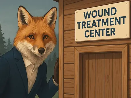 Realistic illustration of a red fox in a navy blazer peeking around the corner of a wooden building labeled “Wound Treatment Center,” symbolizing CMS audit scrutiny.